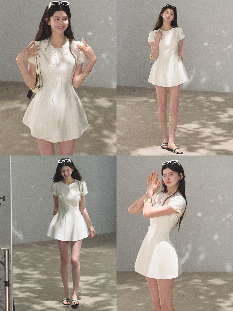 White short-sleeve flared mini dress worn by a model in multiple poses