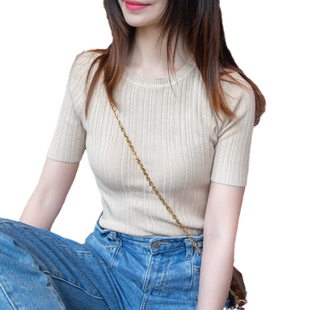 短袖打底衫女2022秋冬新款爆款中袖内搭上衣修身紧身针织衫