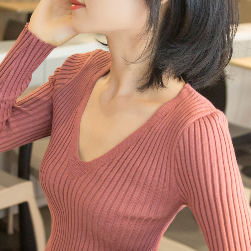 v领毛衣女打底衫2021紧身长袖
