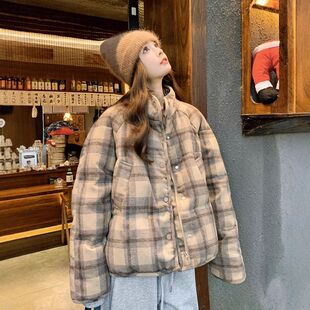 E2502时尚格纹羊毛短款羽绒棉服女冬季新款高级感加厚保暖外套潮