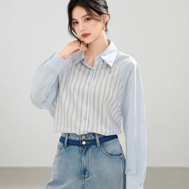 G1952简约上衣女小众设计感休闲女装厂家衬衫条纹浅蓝衬衣长袖潮