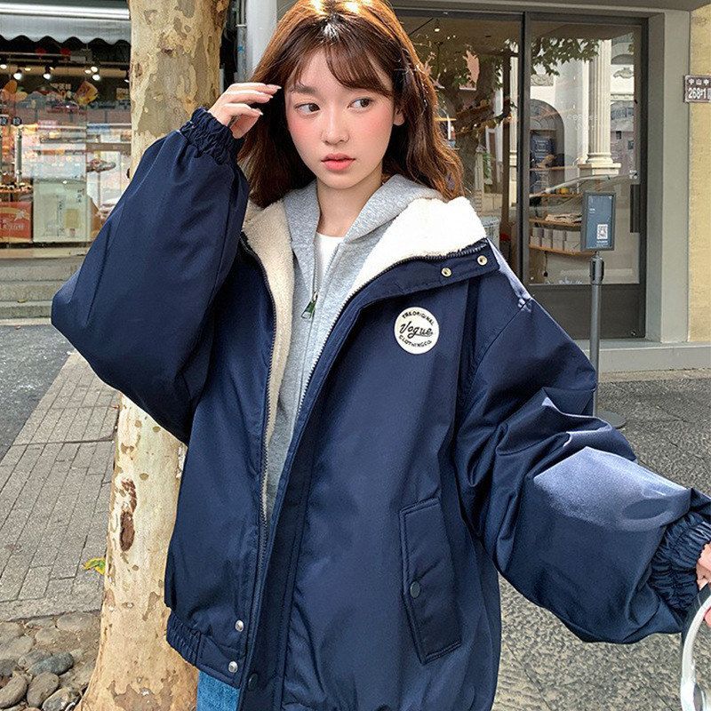 E5902学院徽章立领夹克冬季新款女短款棉服宽松显瘦加绒棉衣外套