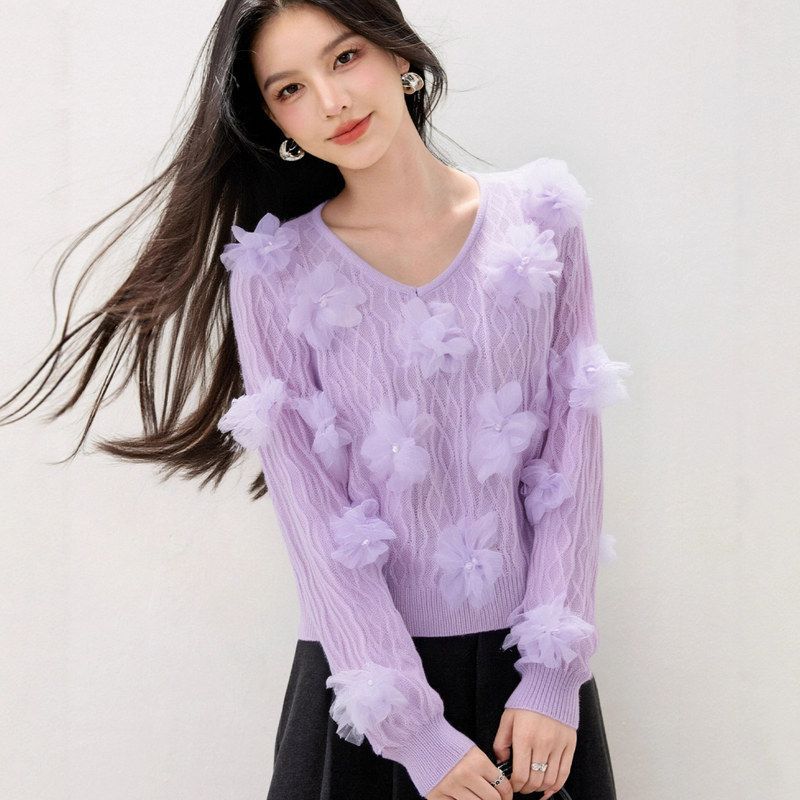 R9315秋冬新款减龄少女立体花朵装饰套头衫长袖针织虾皮设计感潮