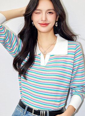 R3196霓虹条纹撞色polo领长袖t恤女弹力针织衫修身显瘦上衣春装新