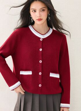 R9282气质2025红色毛衣外套女秋冬新款小香风针织开衫宽松慵懒风