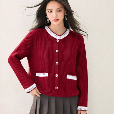 R9282气质2025红色毛衣外套女秋冬新款小香风针织开衫宽松慵懒风