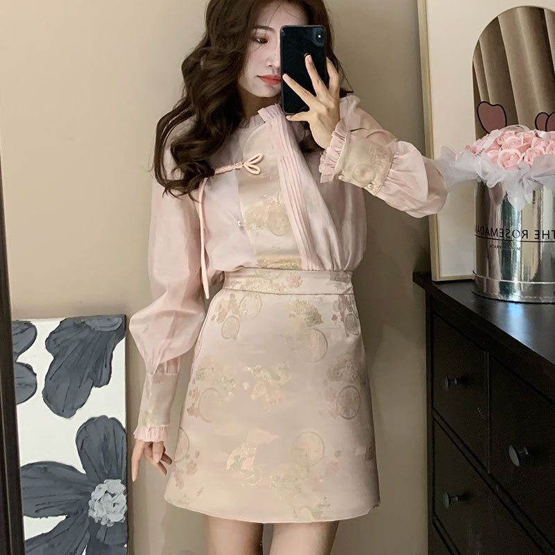 N0704山涧松茶短裙套装女设计感衬衣新中式复古半身裙两件套春装