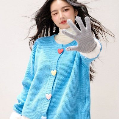 R5888气质蓝色开衫加厚毛衣上衣冬季新款慵懒风毛织外套少女潮流