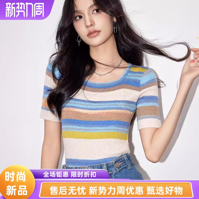 G9117甜酷辣妹条纹针织衫短袖彩色T恤U领上衣女薄款弹力修身夏季