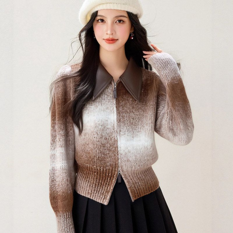 R9278渐变印染针织毛衣外套女短款夹克气质通勤秋冬新款上衣跨境