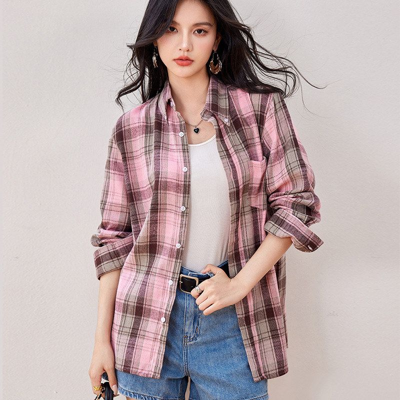 X3380设计师衬衫粉色格子长袖上衣学生商场品牌衬衫女外套宽松秋