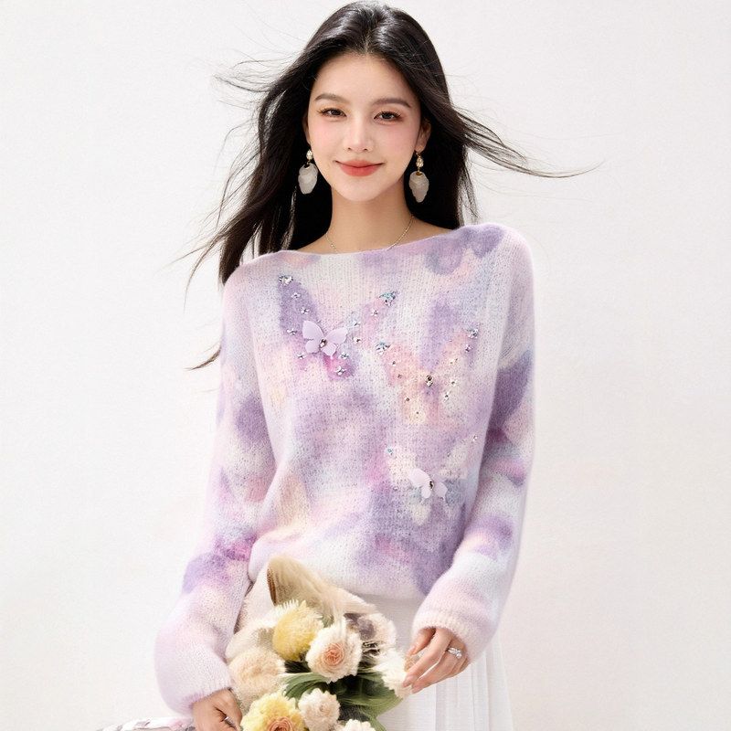R9299水墨蝴蝶渐变印染针织内搭时尚毛衣长袖气质甜美秋冬新款潮