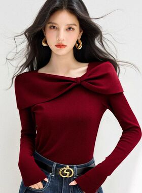 G6826跨境蝴蝶结长袖内搭针织毛衣秋冬2025新款软糯红色上衣修身