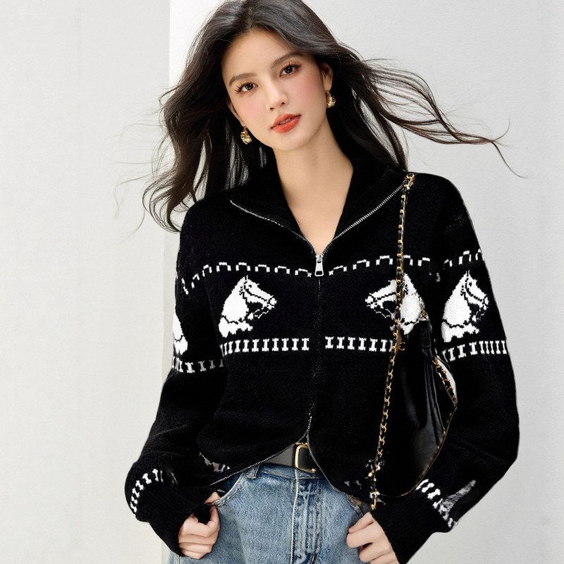 G6836品牌女装针织衫毛衣秋冬卡通软糯绵羊绒保暖上衣拉链外套