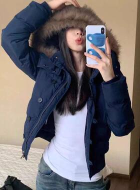 E5332冬季帅气大毛领连帽羽绒女