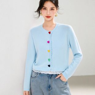G6778彩色爱心纽扣浅蓝色显白日常通勤针织开衫少女秋冬新款优雅