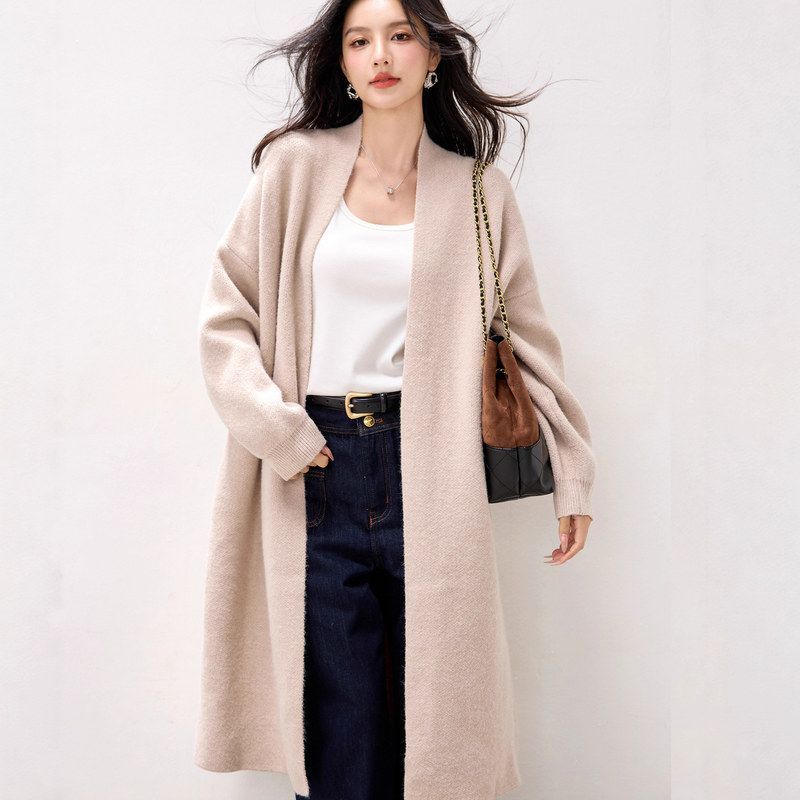 R5894气质长款针织开衫外套女宽松针织上衣V领毛衣毛衫秋冬潮流