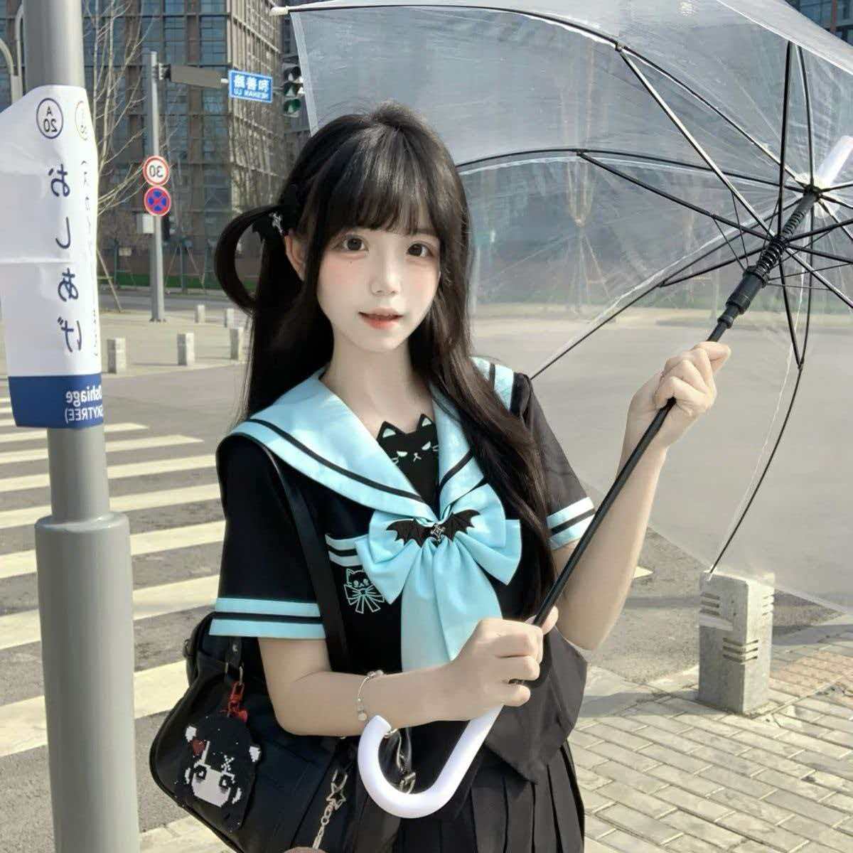 甜美学院风水手服JK制服短袖套装女日系海军风黑蓝拼色蝴蝶结春秋