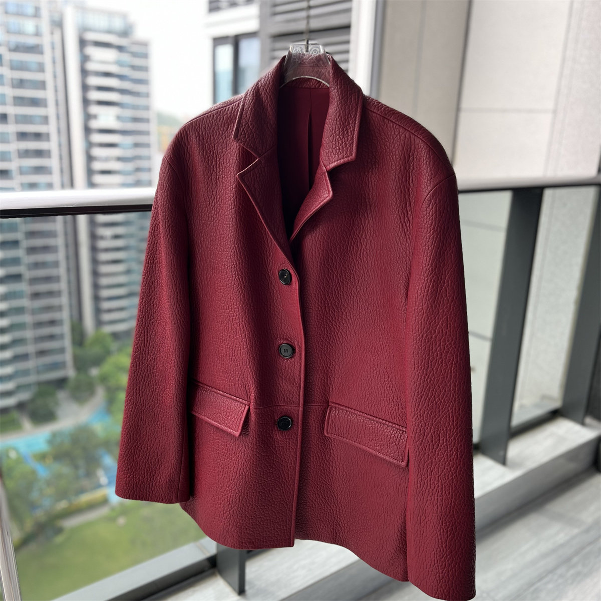 CHAO百搭进口荔枝纹真皮羊皮西装皮衣外套