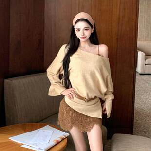 上衣内搭蕾丝包臀叠穿吊带连衣裙套装 针织衫 辣妹斜肩百搭长袖 美式