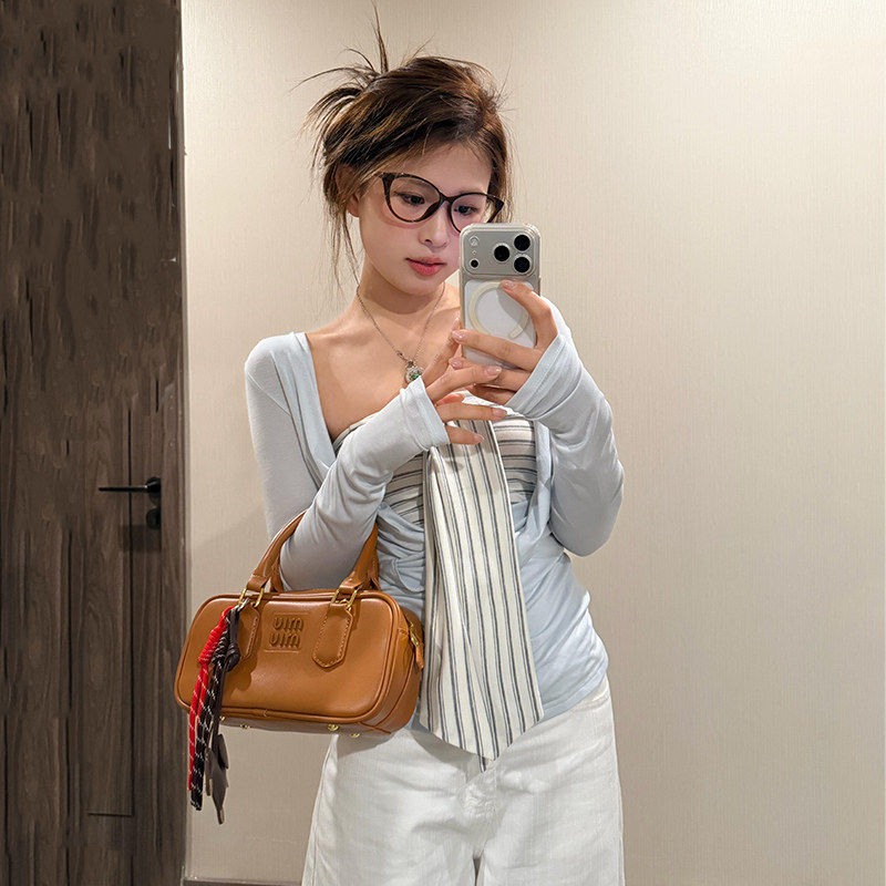 韩系休闲设计感条纹荡领抹胸两件套上衣女百搭修身长袖罩衫t恤春