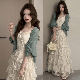 2026初夏韩系巨好看漂亮吊带连衣裙女夏海边度假开衫早春穿搭套装