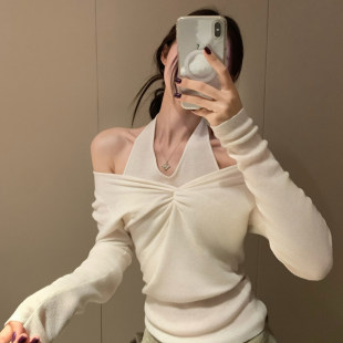 辣妹露肩假挂脖两件针织上衣女秋冬修身显瘦高级感内搭长袖打底衫