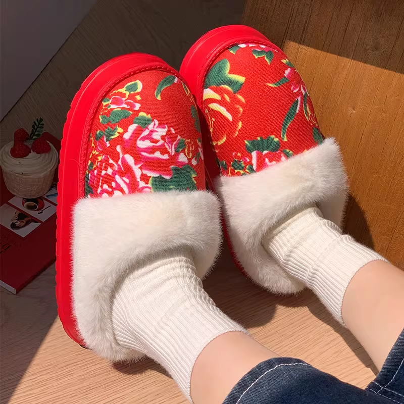 国潮风东北大花棉拖鞋女秋冬季居家厚底防滑保暖加绒红色毛毛拖鞋,女鞋,毛毛鞋,淘宝优惠券,粉丝福利购,淘宝优惠卷