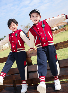 红色学院风校服套装小学生春夏新款棒球服男女童班服老师幼儿园服
