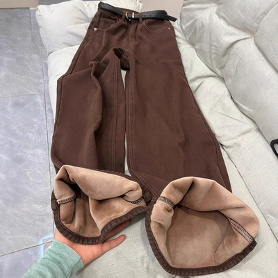 加厚加绒牛仔裤女冬季阔