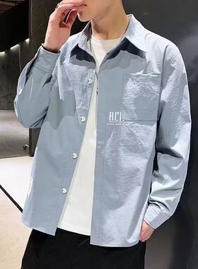 男士潮流长袖衬衫春秋男生工装薄款衬衣初中学生港风痞帅寸衫外套