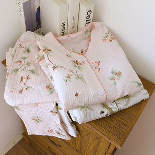 棉纱睡衣女款春秋季带胸垫长袖双层纱布纯棉家居服套装全棉泡泡棉