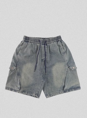 edge studio 边缘工作室 松紧腰水洗牛仔蓝五分裤牛仔短裤夏男裤