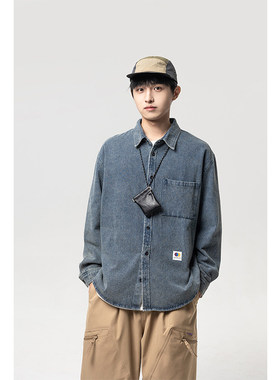 edge studio 边缘工作室宽松蓝色复古小贴标水洗牛仔衬衫休闲外套