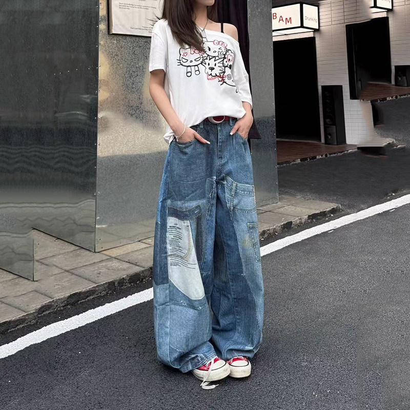 胖mm美式补丁印花弯刀裤牛仔裤女