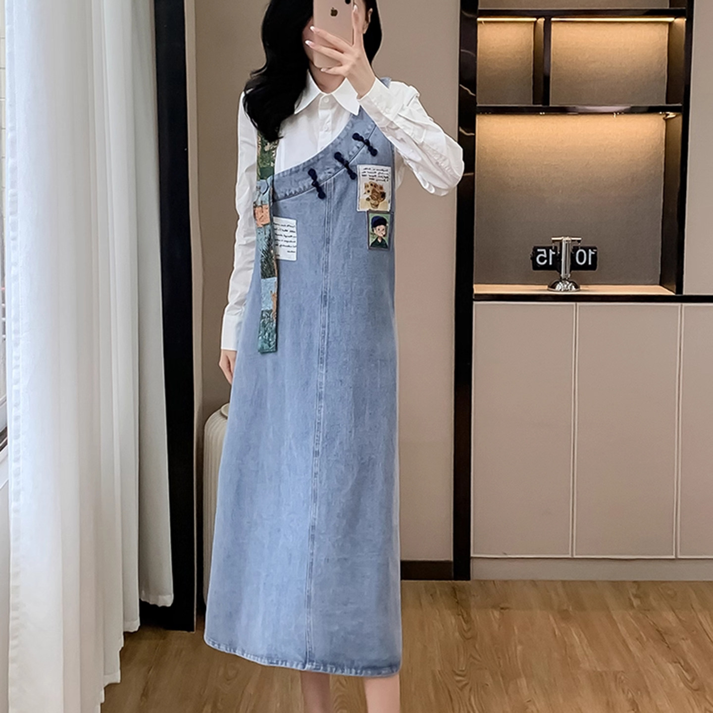 撞色拼接牛仔背带裙女减龄半身裙