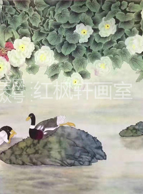 红枫轩画室工笔画白描底稿斗方花鸟国画熟宣纸纯手绘稿可直接上色