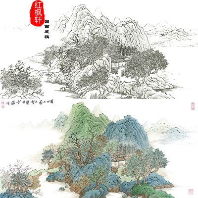 横幅工笔画白描底稿杜鹃花