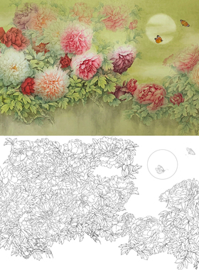 工笔画白描底稿花鸟牡丹素材