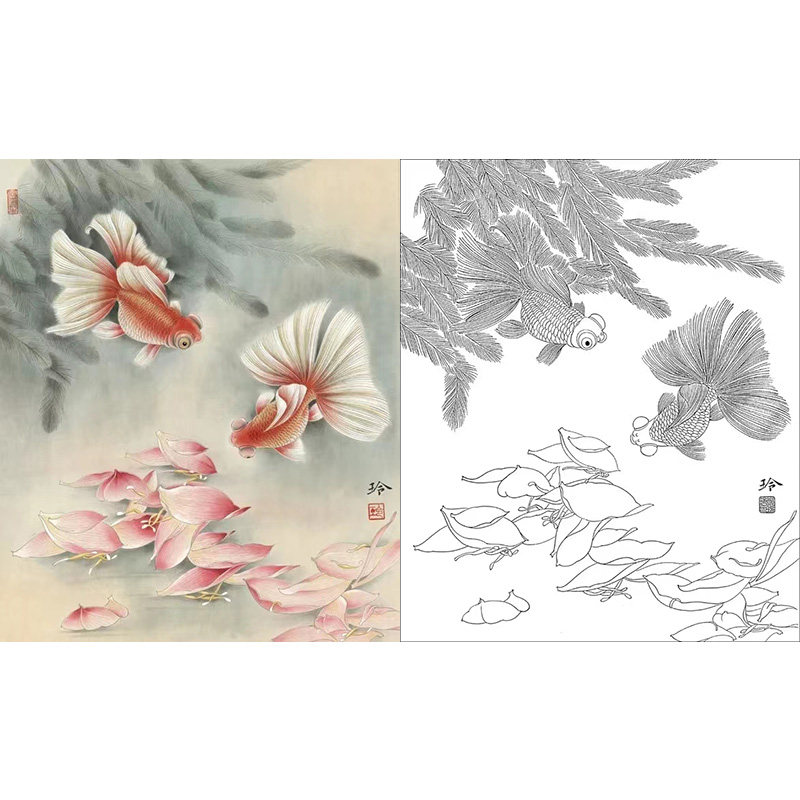 【有步骤】临郑玲玲《金玉满堂》工笔画金鱼白描底稿多种尺寸可选