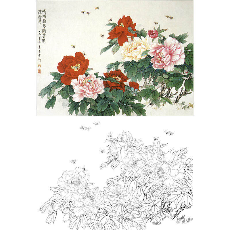 临王少卿工笔画白描底稿国画花鸟牡丹《春风催好花》打印线描画稿