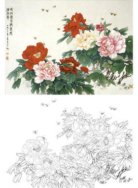 国画牡丹线描画稿工笔画白描底稿