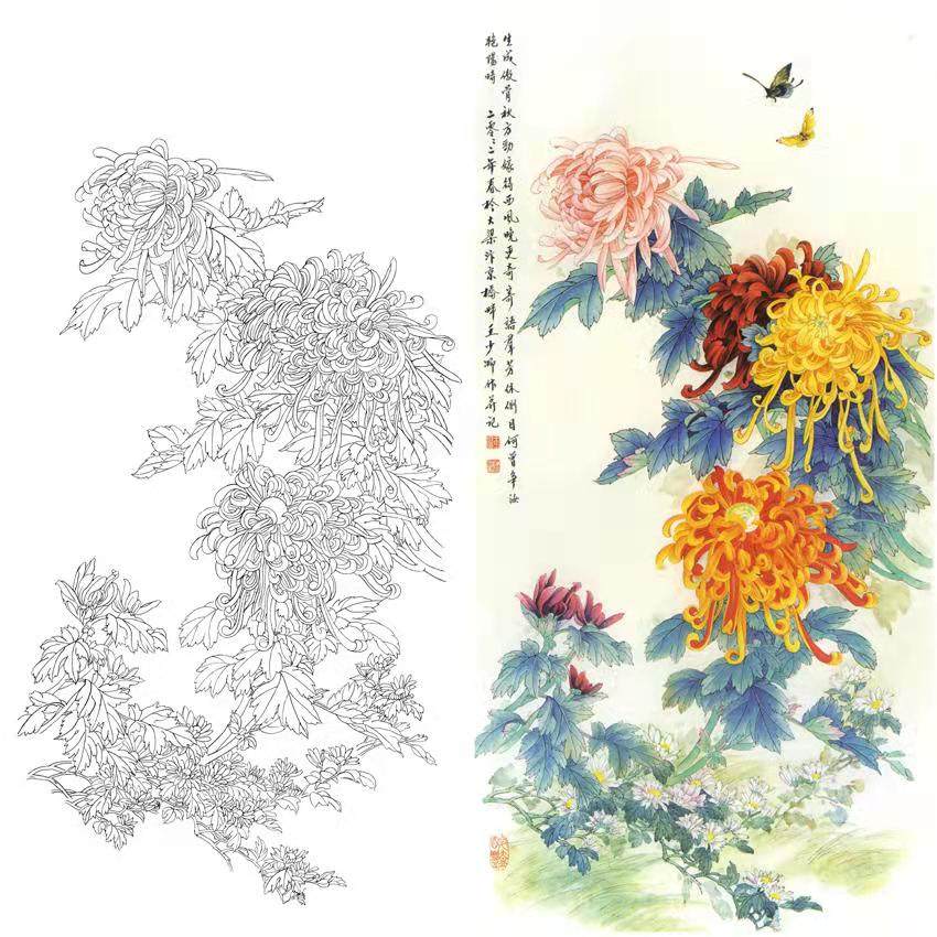 王少卿工笔画白描底稿菊花《傲骨秋芳》花鸟国画竖幅打印临摹画稿