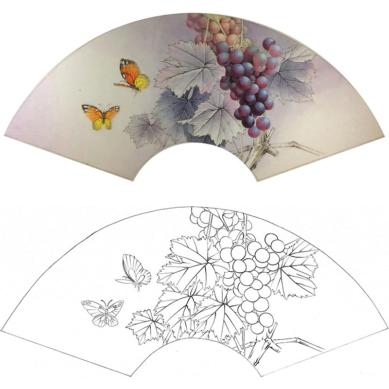 【有步骤】临摹衍达扇面葡萄小品《紫珠双蝶》国画工笔画白描底稿