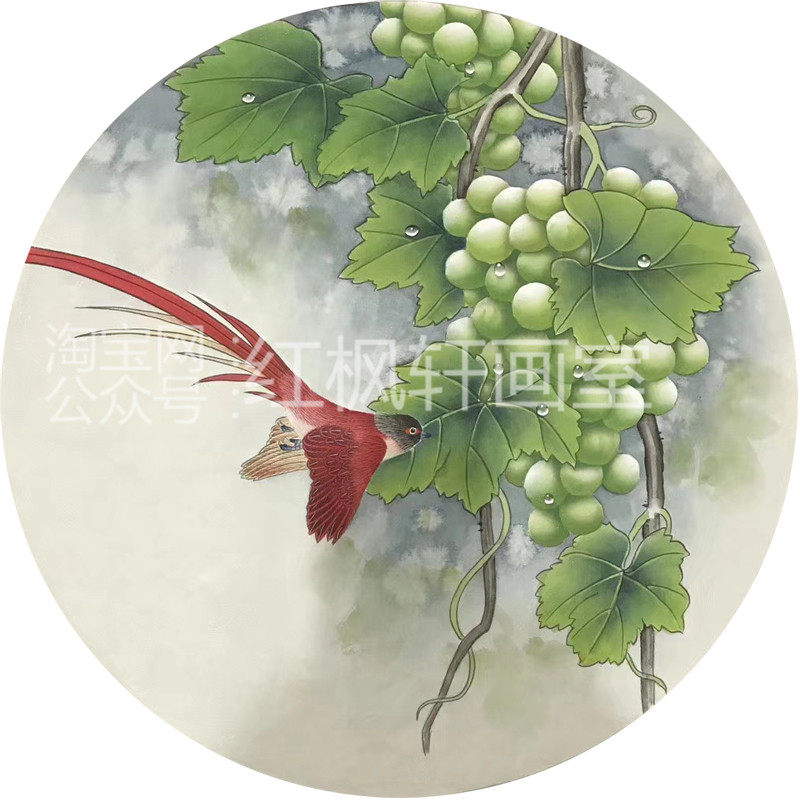 新款国画工笔画白描底稿花鸟葡萄二尺圆扇面小品手绘稿可直接上色