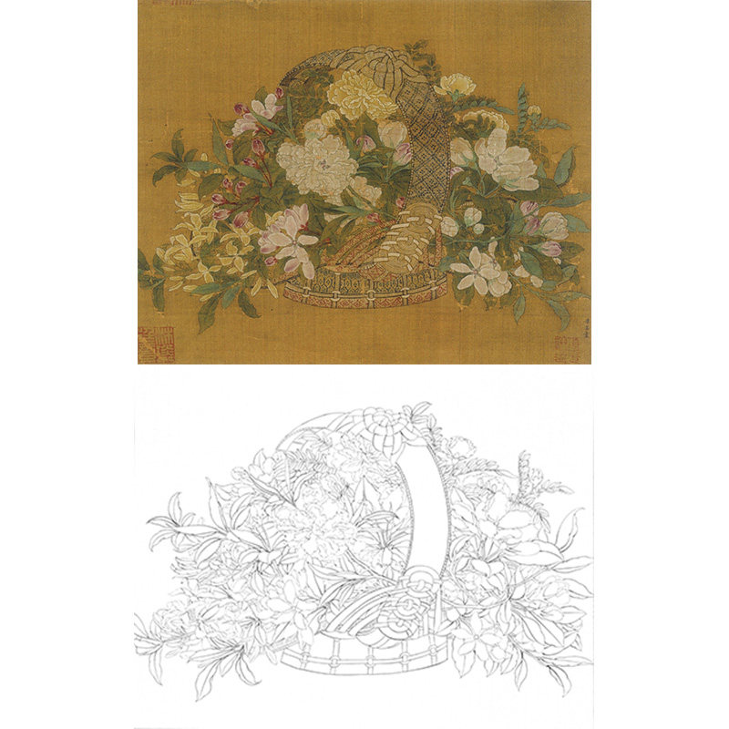 临摹宋李蒿花鸟国画小品《花篮图》春线描底稿工笔画初学习白描稿