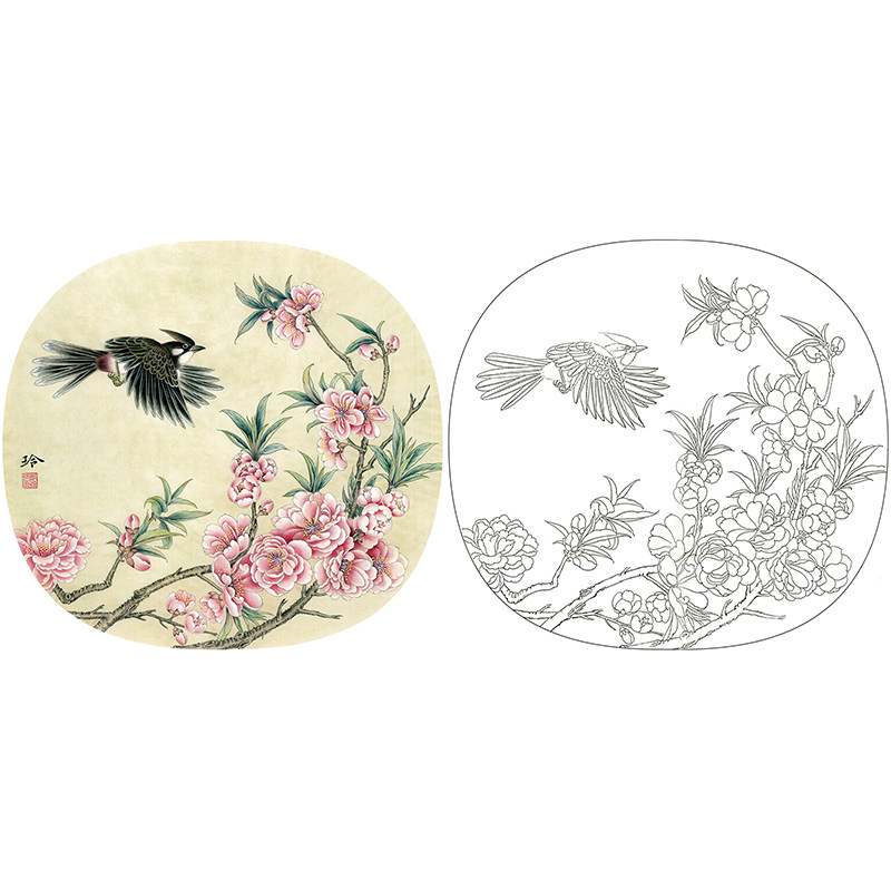 【有步骤】工笔桃花白描底稿临摹郑玲玲《春暖花开》勾线打印过稿