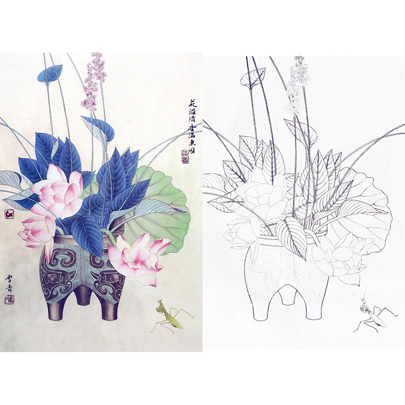 【有步骤】临摹龚雪青工笔画白描底稿花瓶荷《花溢清香》国画底稿