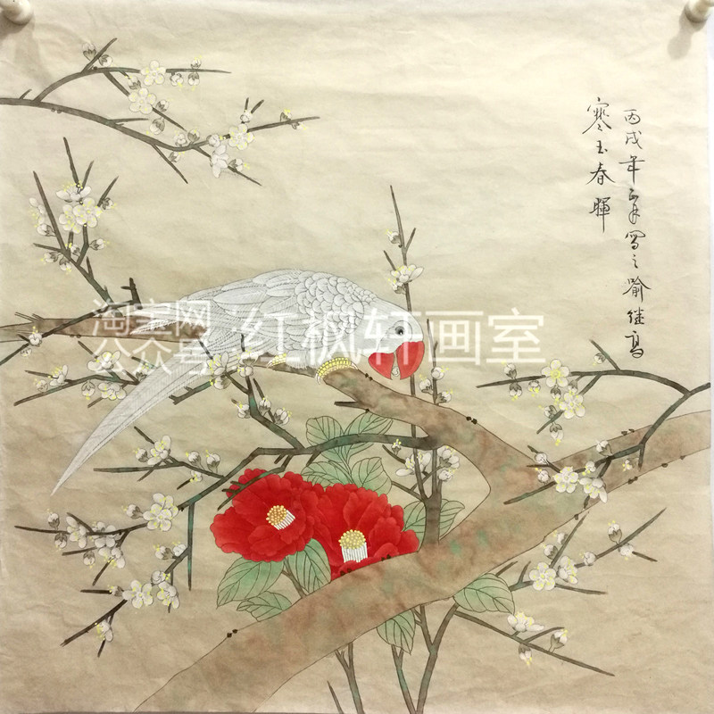 喻继高四尺斗方纯手绘工笔画白描底稿梅花鹦鹉茶花熟宣纸线描画稿