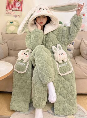 三层棉袄，冬季长丝绒加厚女式睡衣，冬季珊瑚绒可爱家装套装